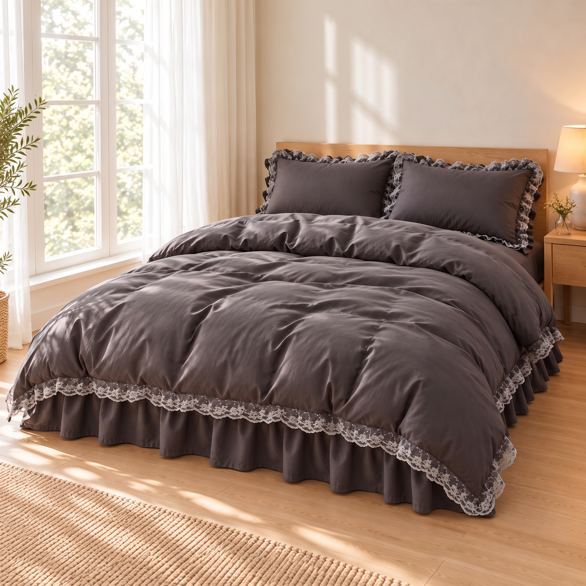 Modern Ruffle Lace Bedding Set with Elastic Skirt Bed Sheet and Soft Polyester Material - Grey Single