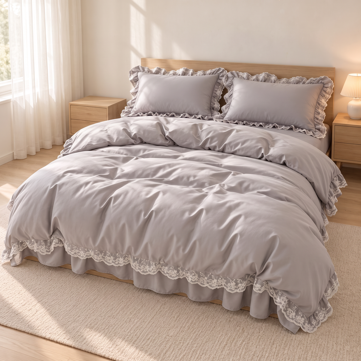Modern Ruffle Lace Bedding Set with Elastic Skirt Bed Sheet and Soft Polyester Material - Light Grey Single