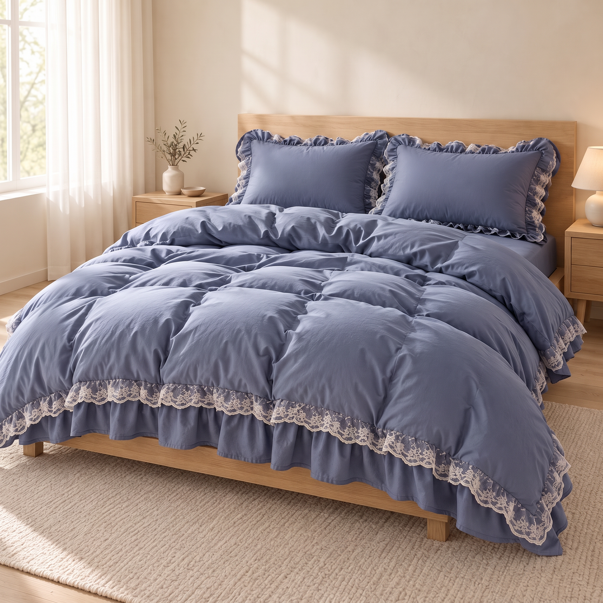 Modern Ruffle Lace Bedding Set with Elastic Skirt Bed Sheet and Soft Polyester Material - Blue Single