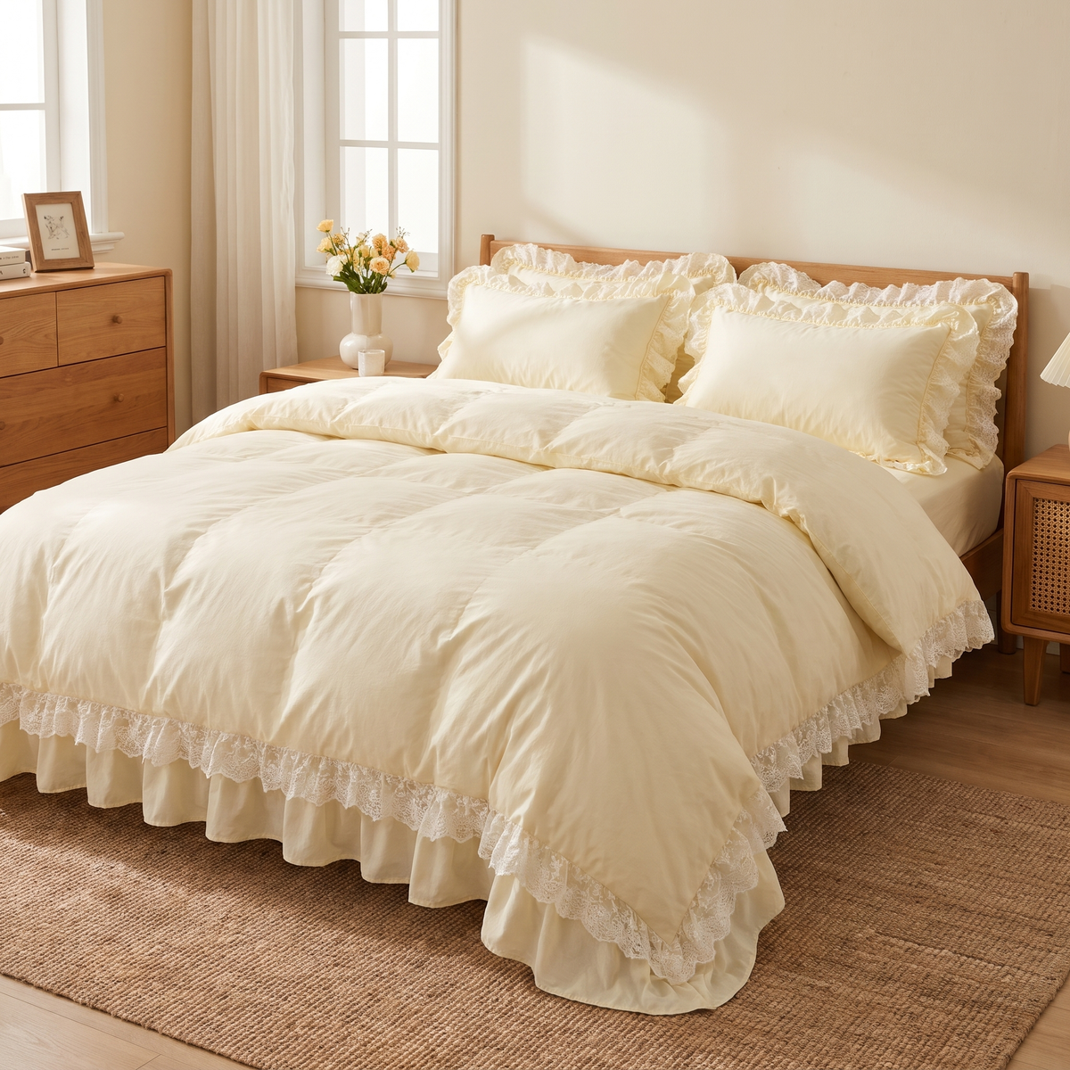 Modern Ruffle Lace Bedding Set with Elastic Skirt Bed Sheet and Soft Polyester Material - Yellow Single