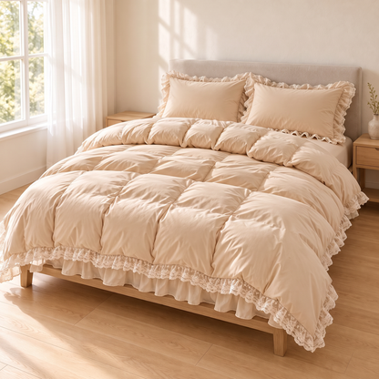 Modern Ruffle Lace Bedding Set with Elastic Skirt Bed Sheet and Soft Polyester Material - Brown Single