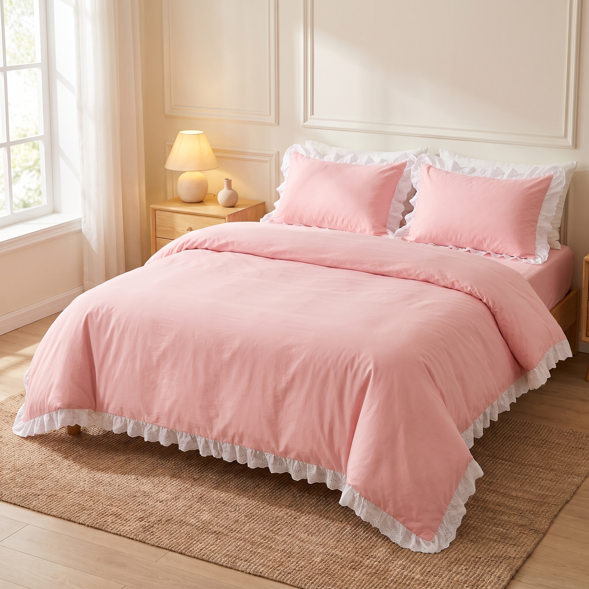 Modern Ruffle Lace Bedding Set with Elastic Skirt Bed Sheet and Soft Polyester Material - Pink Single