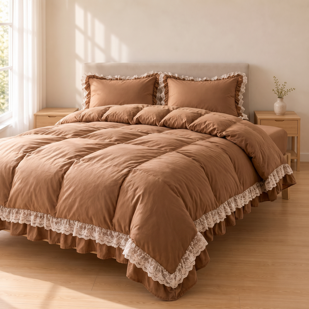 Modern Ruffle Lace Bedding Set with Elastic Skirt Bed Sheet and Soft Polyester Material - Brown Twin