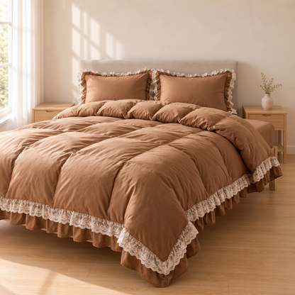 Modern Ruffle Lace Bedding Set with Elastic Skirt Bed Sheet and Soft Polyester Material - Brown Twin