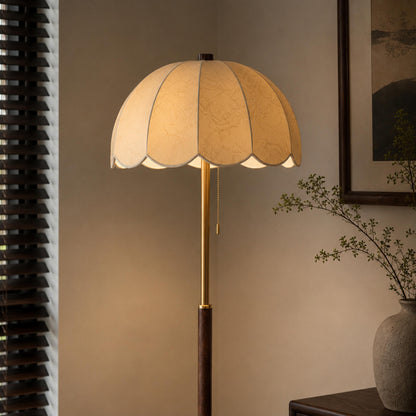 Wooden Base Floor Lamp Fabric Shade E14 Retro Light