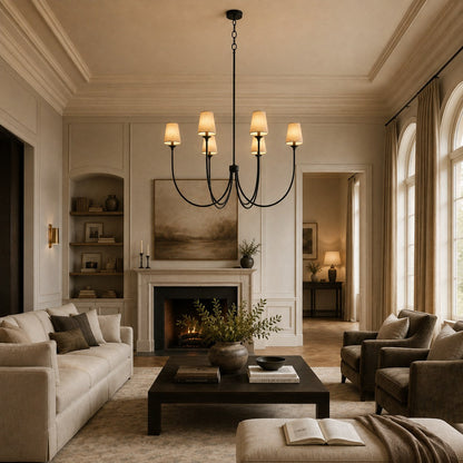 Large Round Chandelier with Off-White Shades