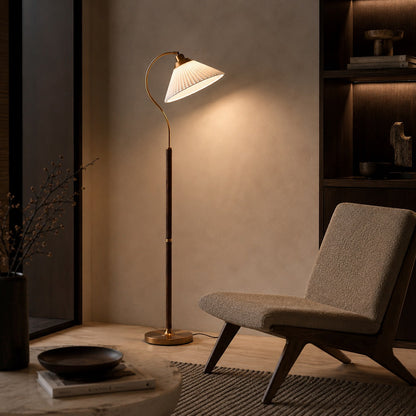 Pleated Shade Floor Lamp Wooden Base Adjustable LED