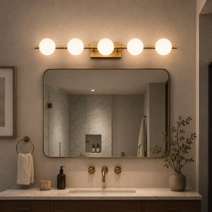 Copper Milk Glass LED Vanity Bar 2–5 Head Three-Colour Bathroom Light