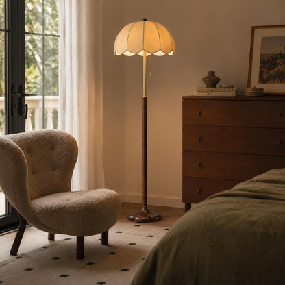 Wooden Base Floor Lamp Fabric Shade E14 Retro Light