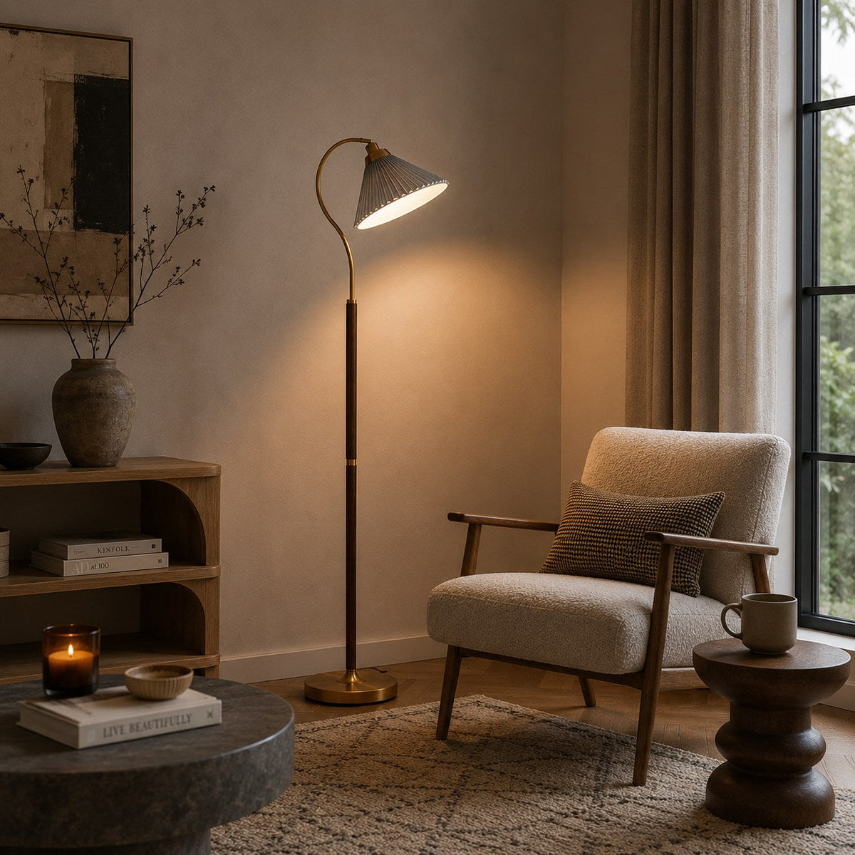 Pleated Shade Floor Lamp Wooden Base Adjustable LED