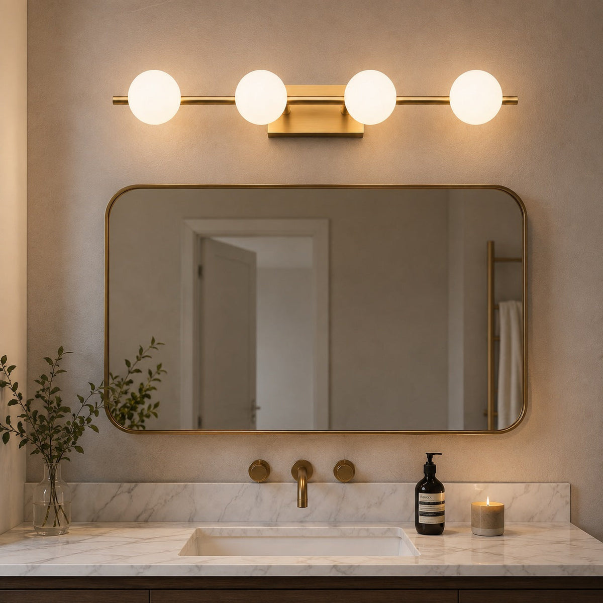 Copper Milk Glass LED Vanity Bar 2–5 Head Three-Colour Bathroom Light