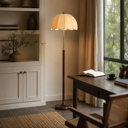 Wooden Base Floor Lamp Fabric Shade E14 Retro Light