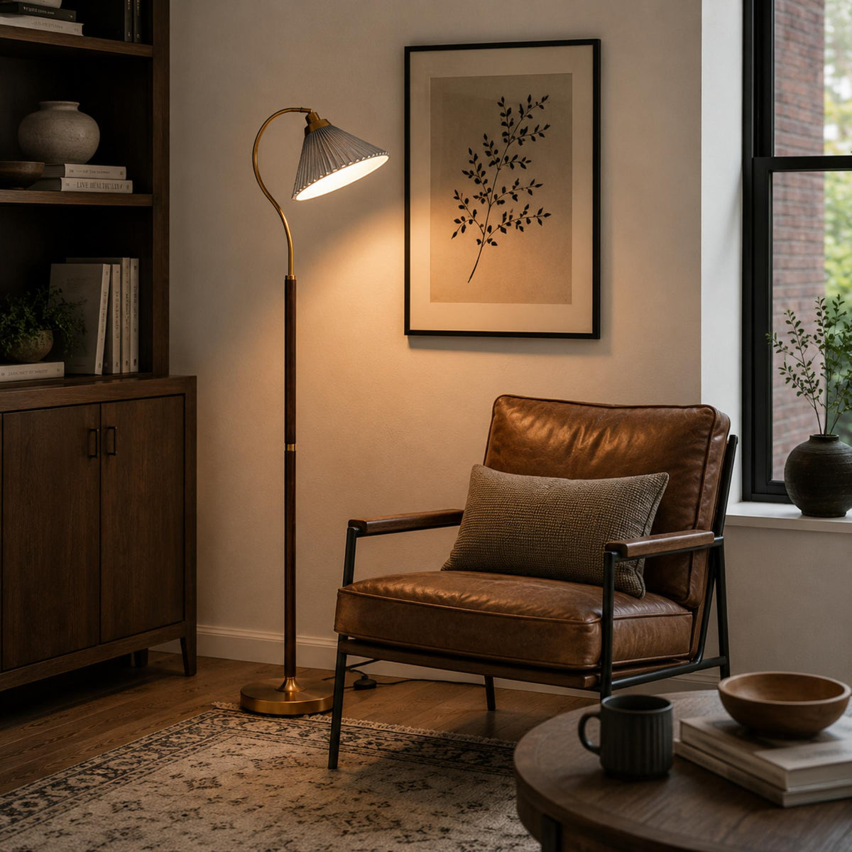 Pleated Shade Floor Lamp Wooden Base Adjustable LED