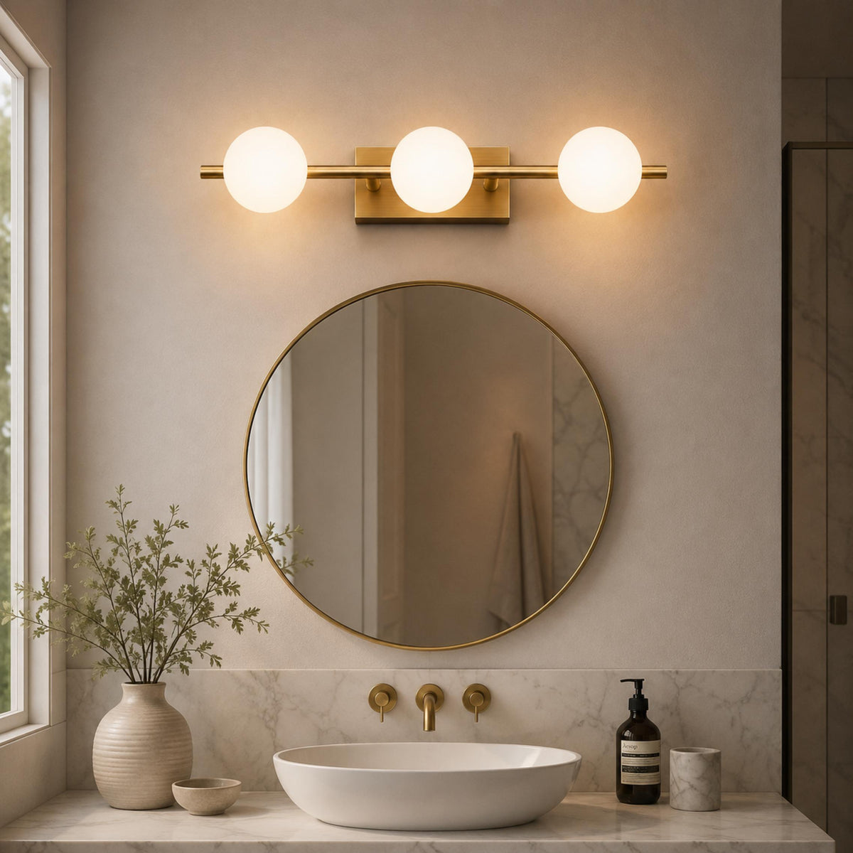 Copper Milk Glass LED Vanity Bar 2–5 Head Three-Colour Bathroom Light