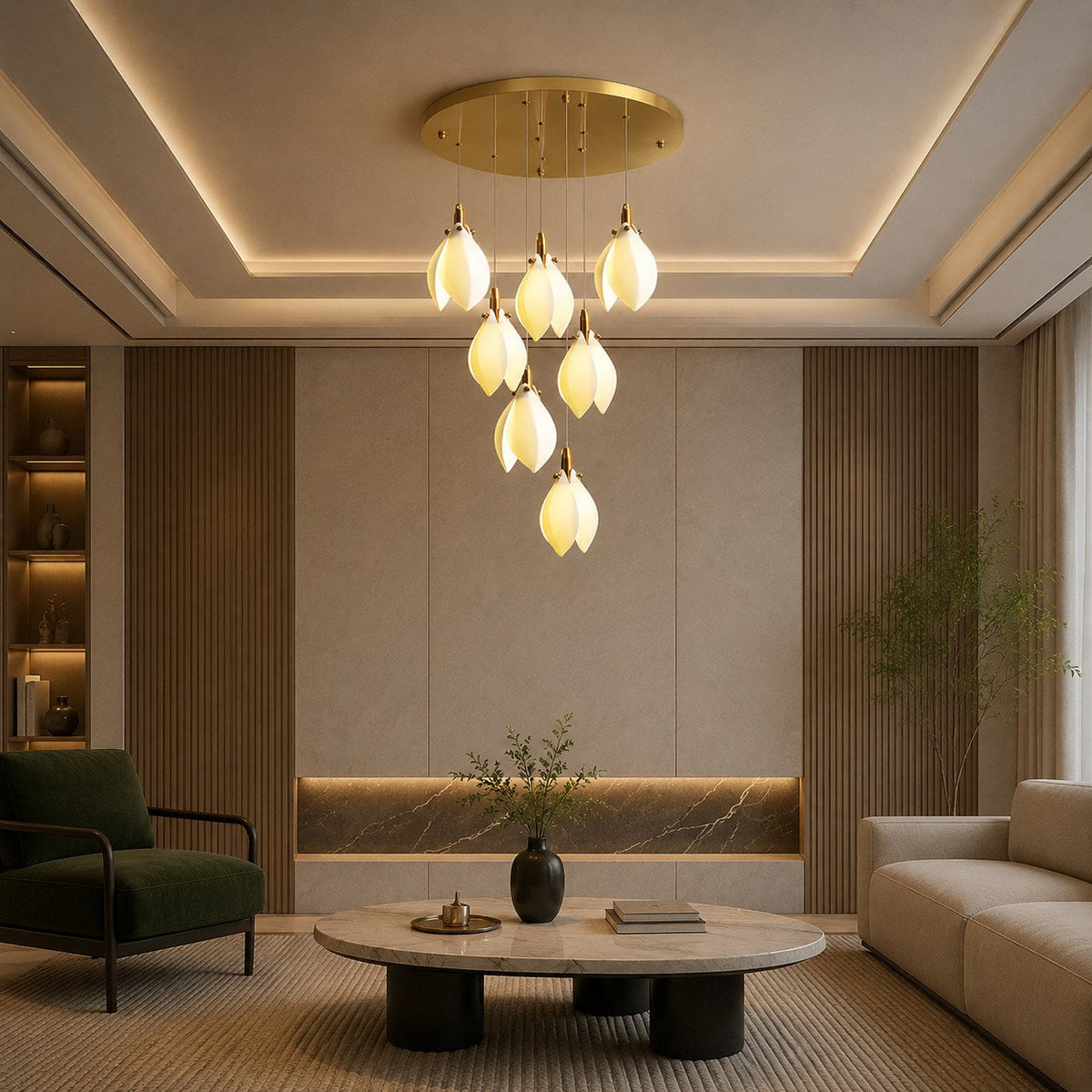Ceramic Petal Chandelier Gold 7-64 Light LED