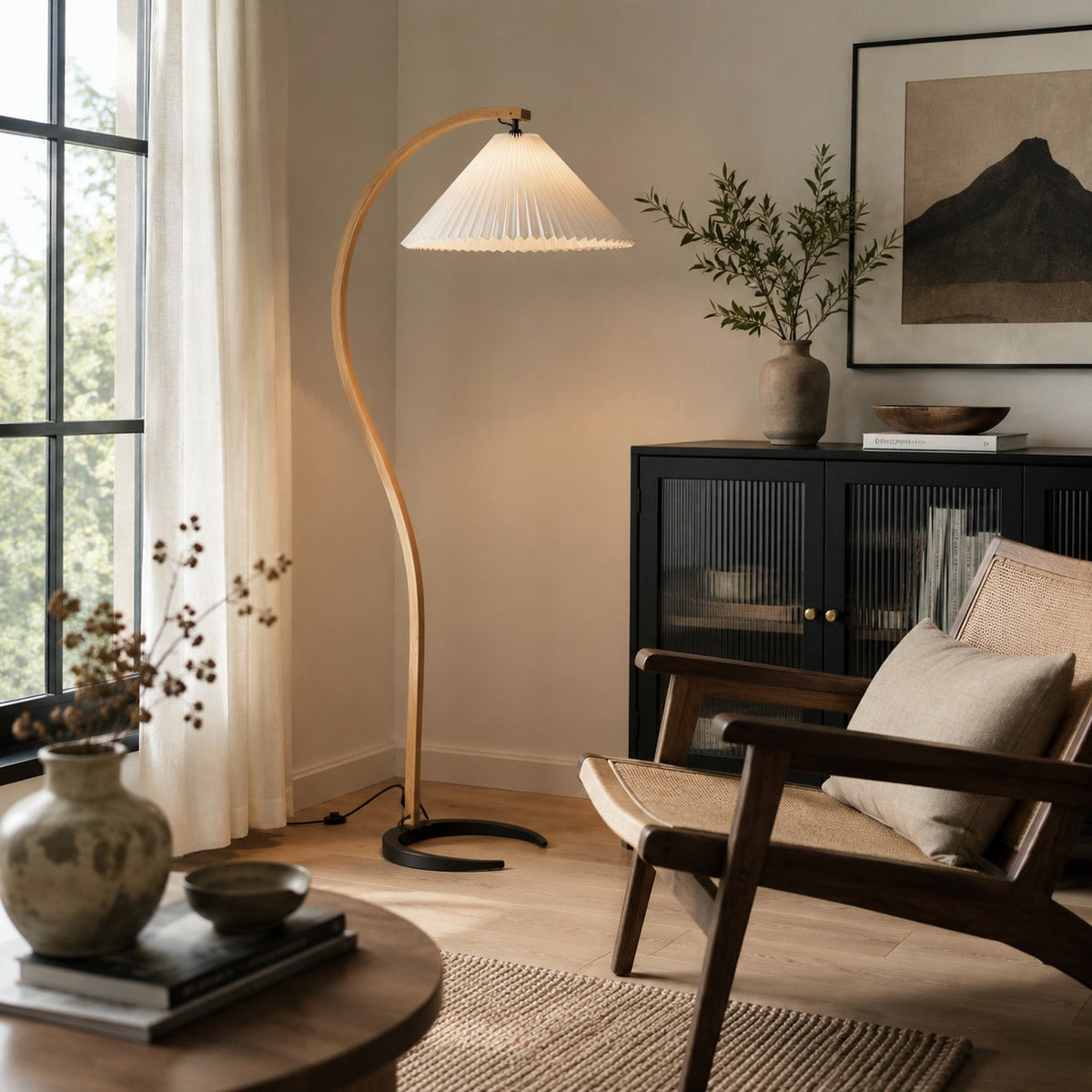 Beech Wood Floor Lamp Linen Shade Adjustable Farmhouse