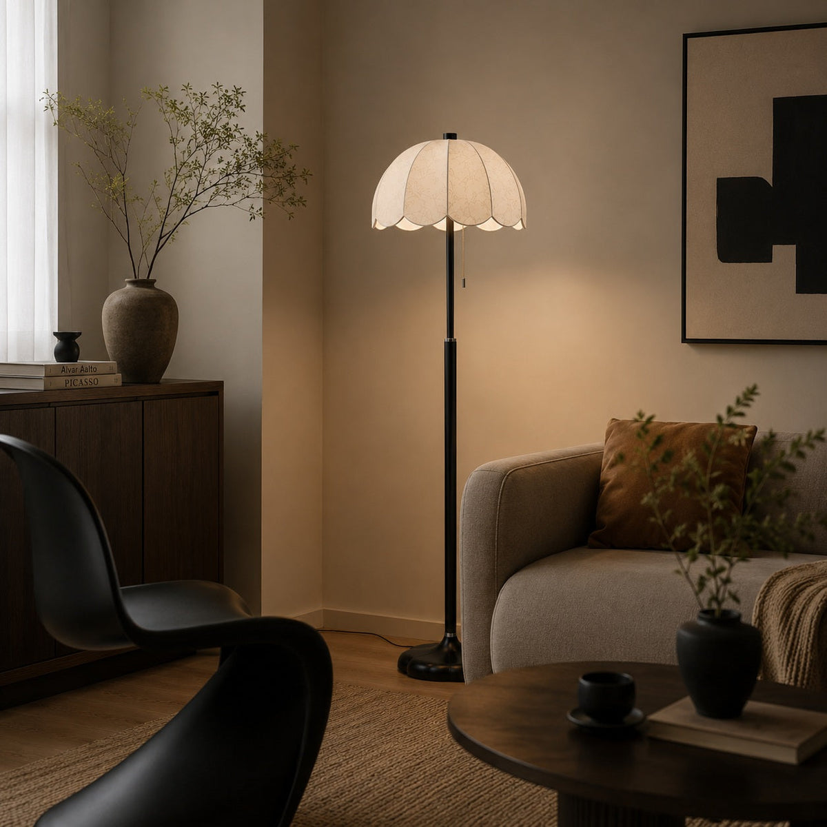Wooden Base Floor Lamp Fabric Shade E14 Retro Light