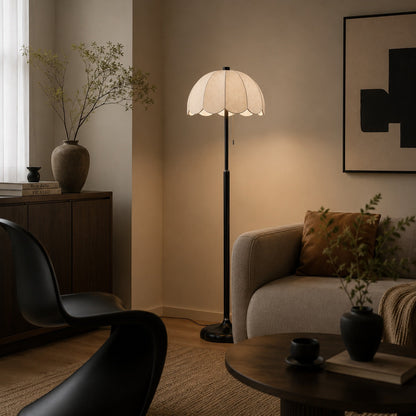 Wooden Base Floor Lamp Fabric Shade E14 Retro Light