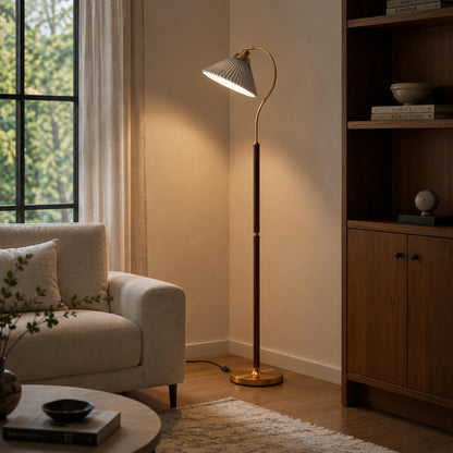 Pleated Shade Floor Lamp Wooden Base Adjustable LED