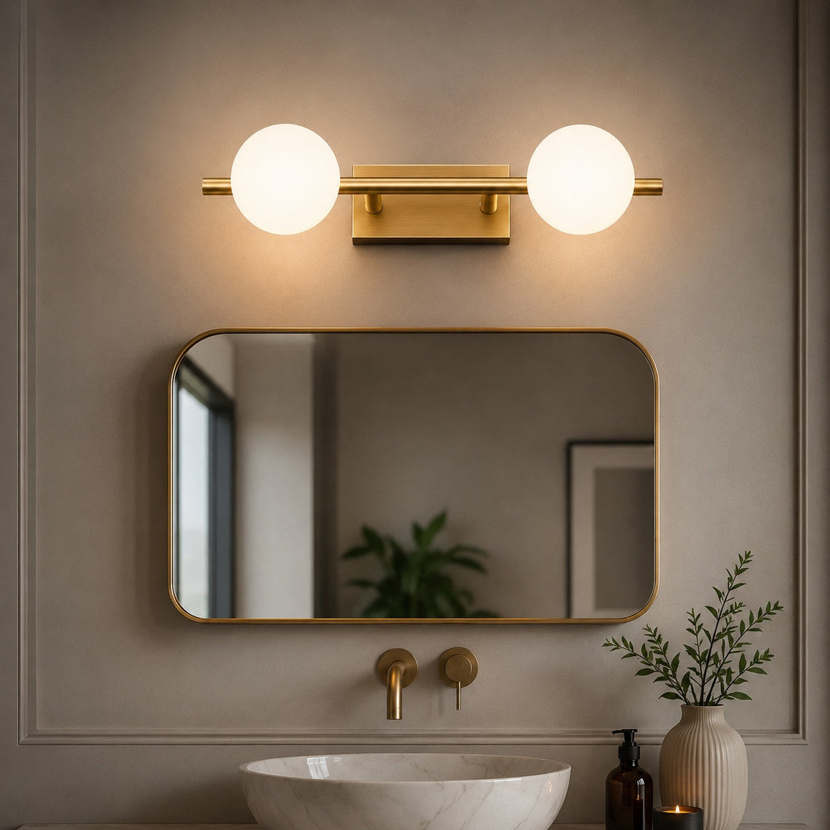 Copper Milk Glass LED Vanity Bar 2–5 Head Three-Colour Bathroom Light