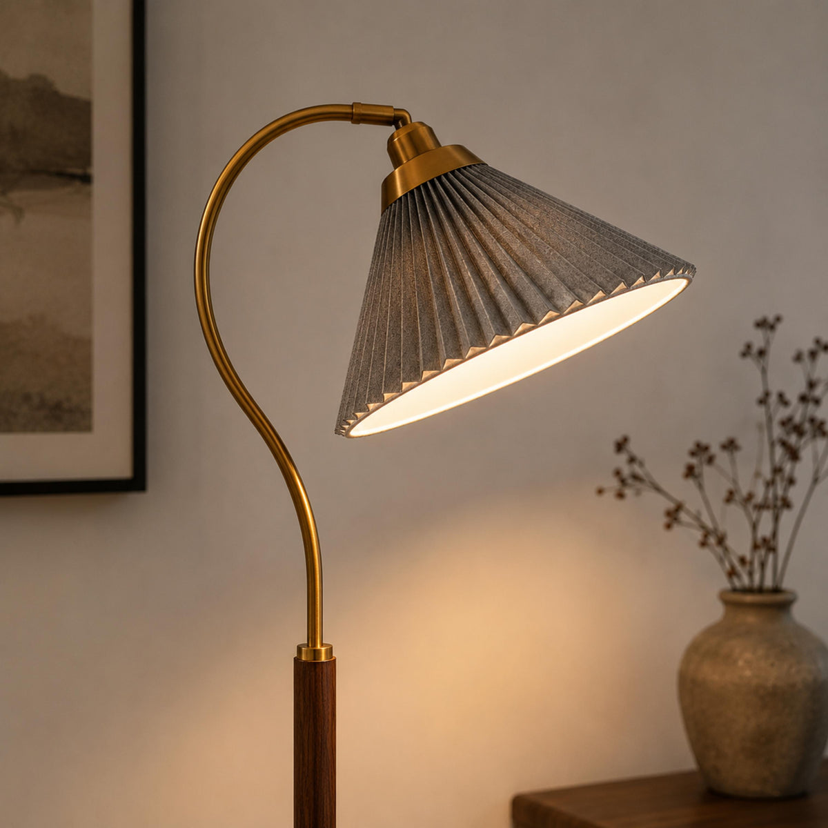 Pleated Shade Floor Lamp Wooden Base Adjustable LED