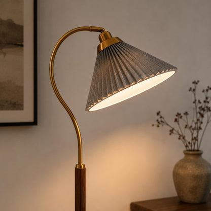 Pleated Shade Floor Lamp Wooden Base Adjustable LED