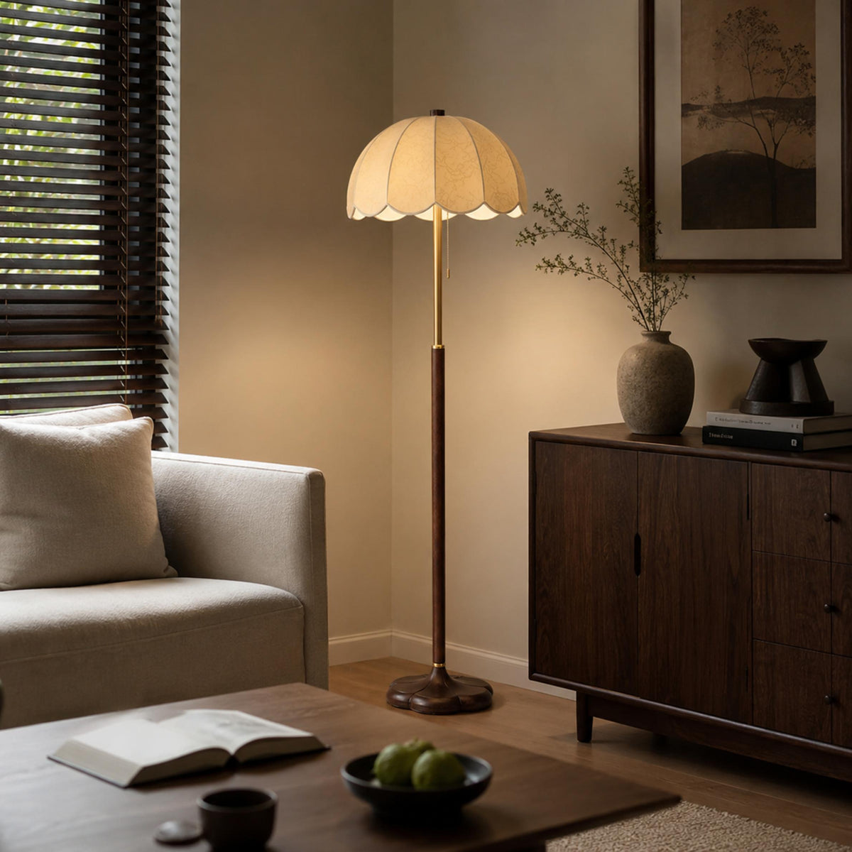 Wooden Base Floor Lamp Fabric Shade E14 Retro Light