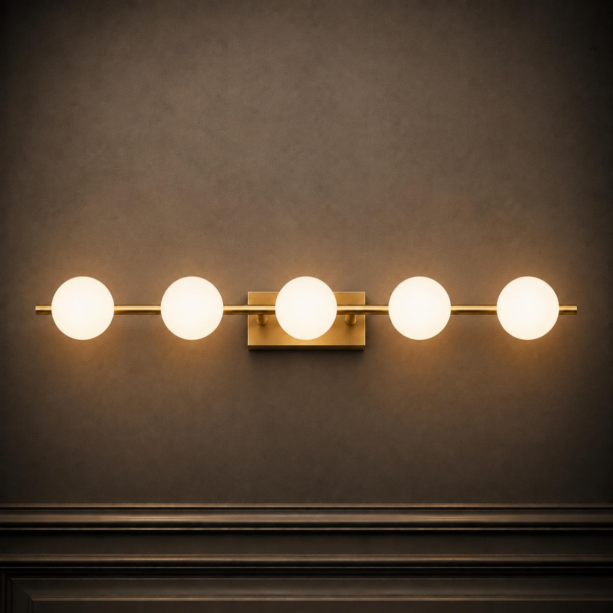 Copper Milk Glass LED Vanity Bar 2–5 Head Three-Colour Bathroom Light