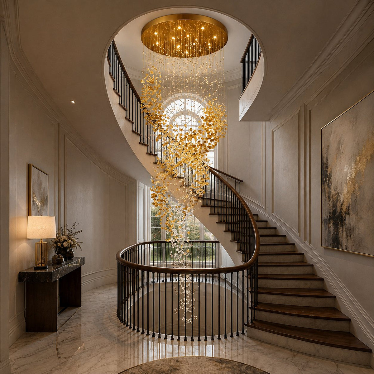 Gold Metal Chandelier Clear Amber Glass Hanging LED