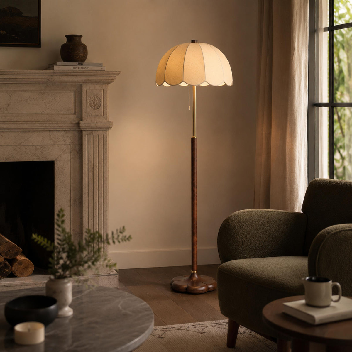Wooden Base Floor Lamp Fabric Shade E14 Retro Light