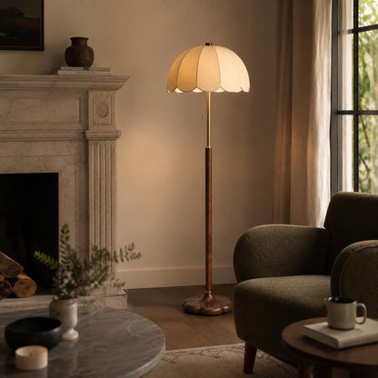 Wooden Base Floor Lamp Fabric Shade E14 Retro Light