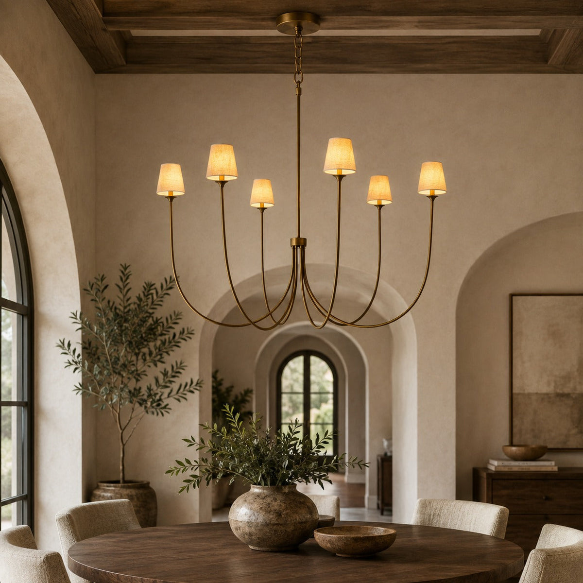 Large Round Chandelier with Off-White Shades