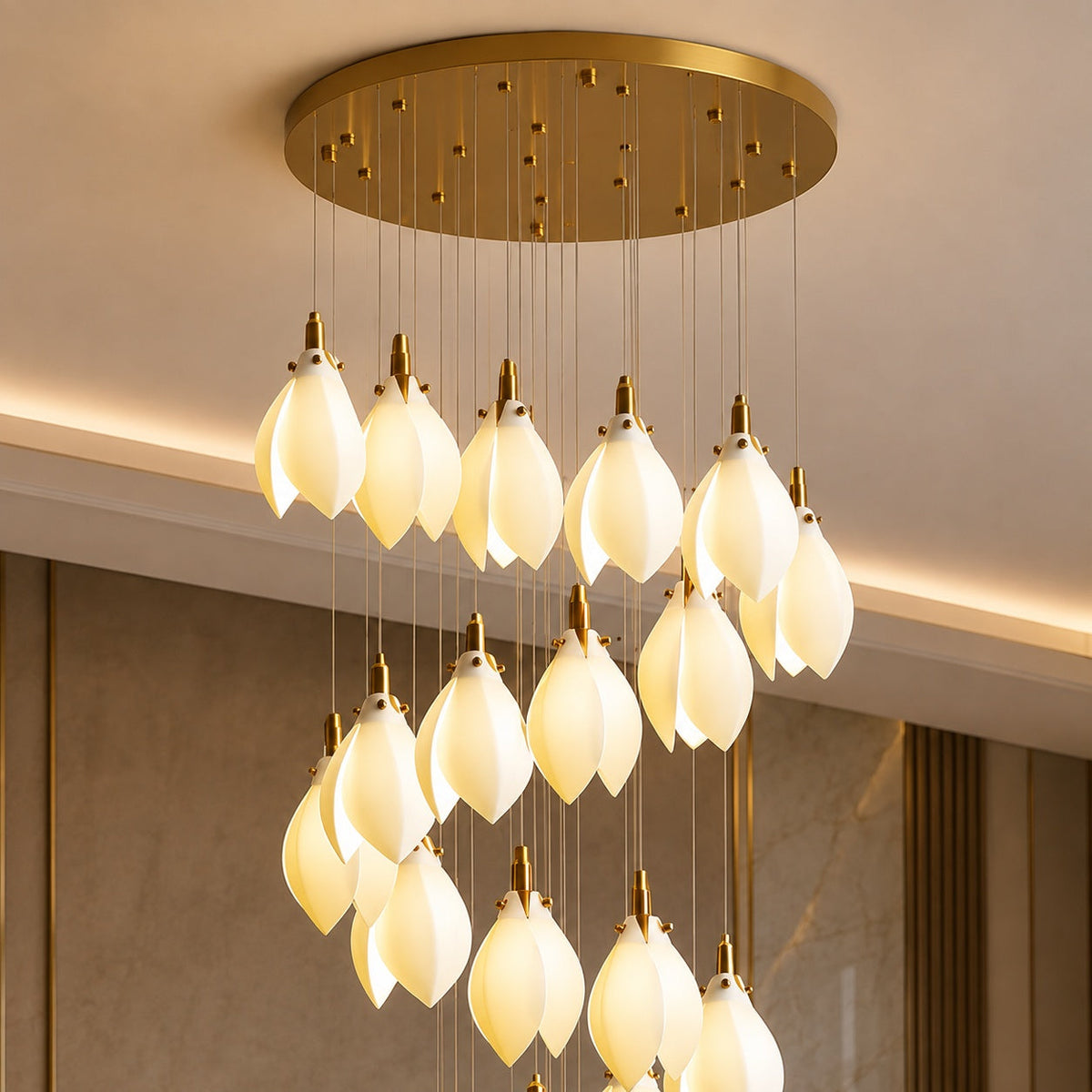 Ceramic Petal Chandelier Gold 7-64 Light LED