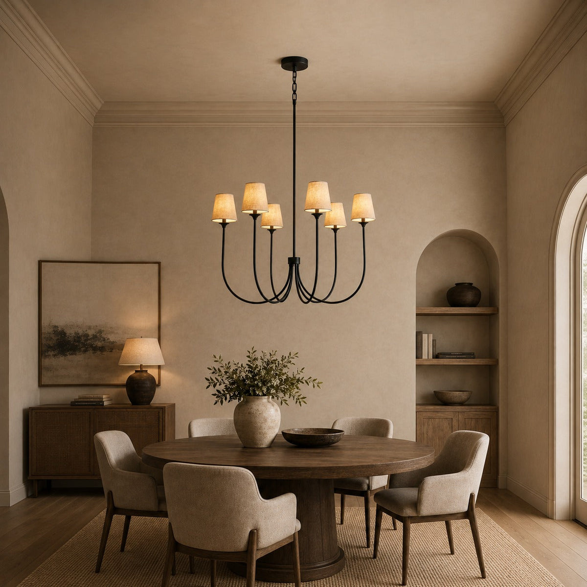 Large Round Chandelier with Off-White Shades