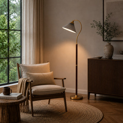Pleated Shade Floor Lamp Wooden Base Adjustable LED