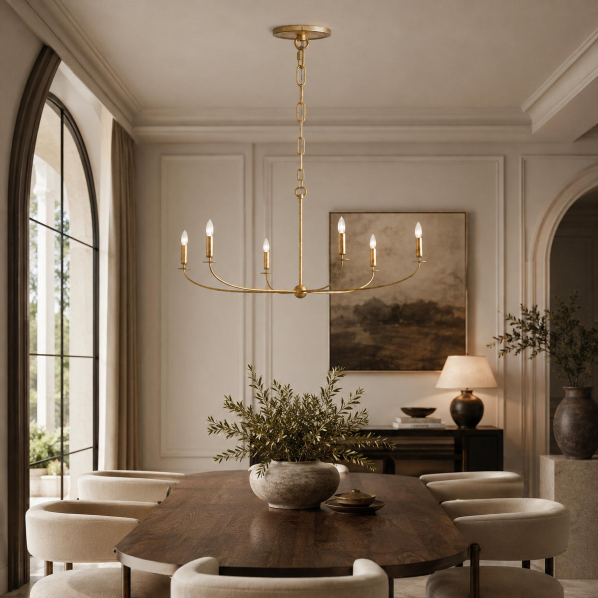 Large Antique Gold Leaf Round Chandelier