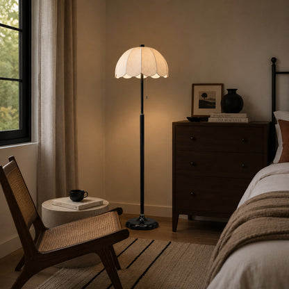 Wooden Base Floor Lamp Fabric Shade E14 Retro Light