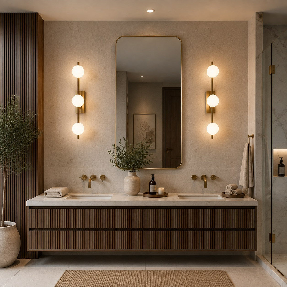 Copper Milk Glass LED Vanity Bar 2–5 Head Three-Colour Bathroom Light