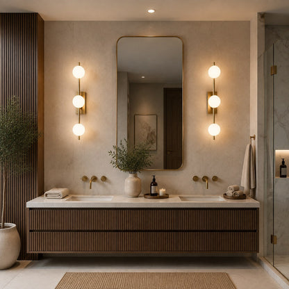 Copper Milk Glass LED Vanity Bar 2–5 Head Three-Colour Bathroom Light