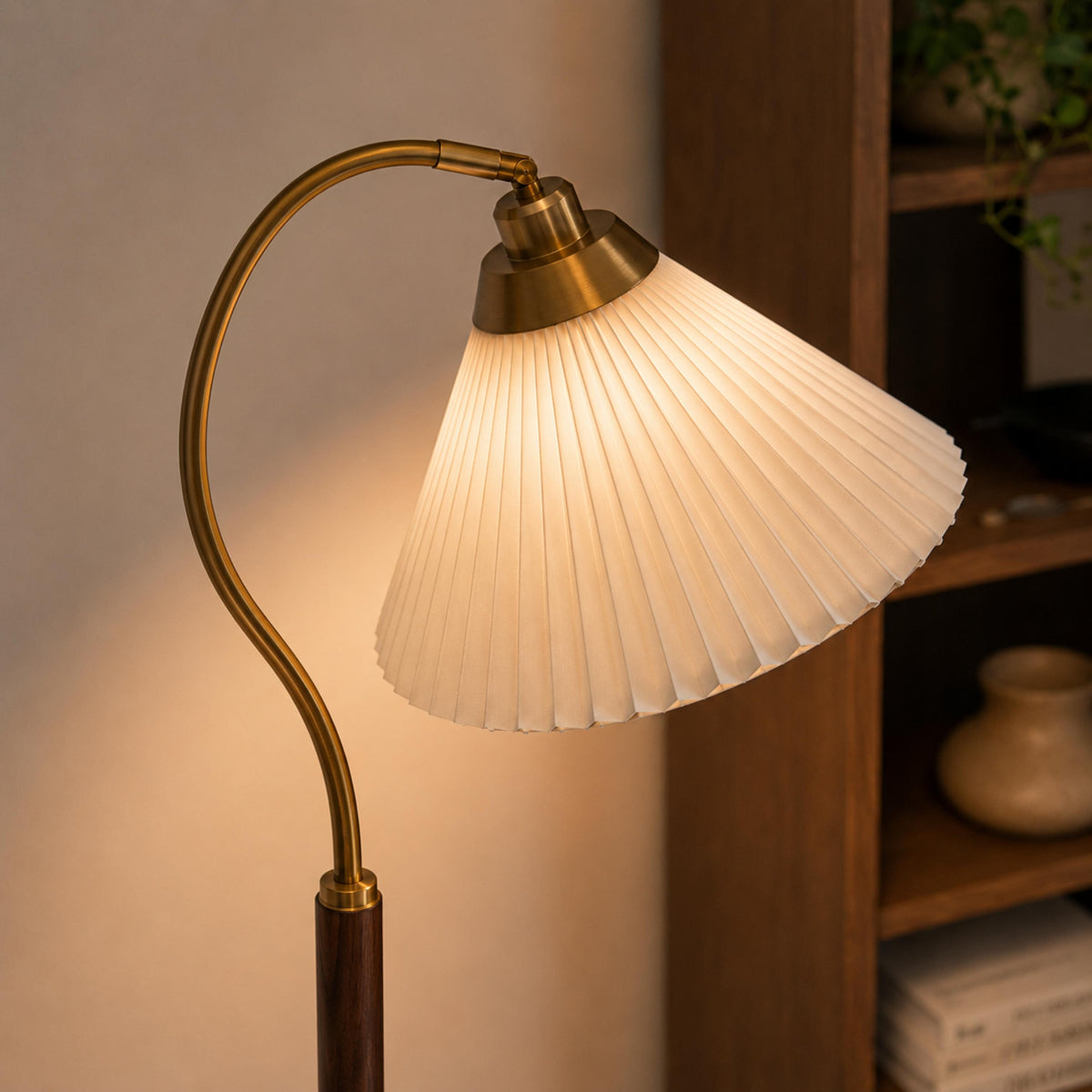 Pleated Shade Floor Lamp Wooden Base Adjustable LED