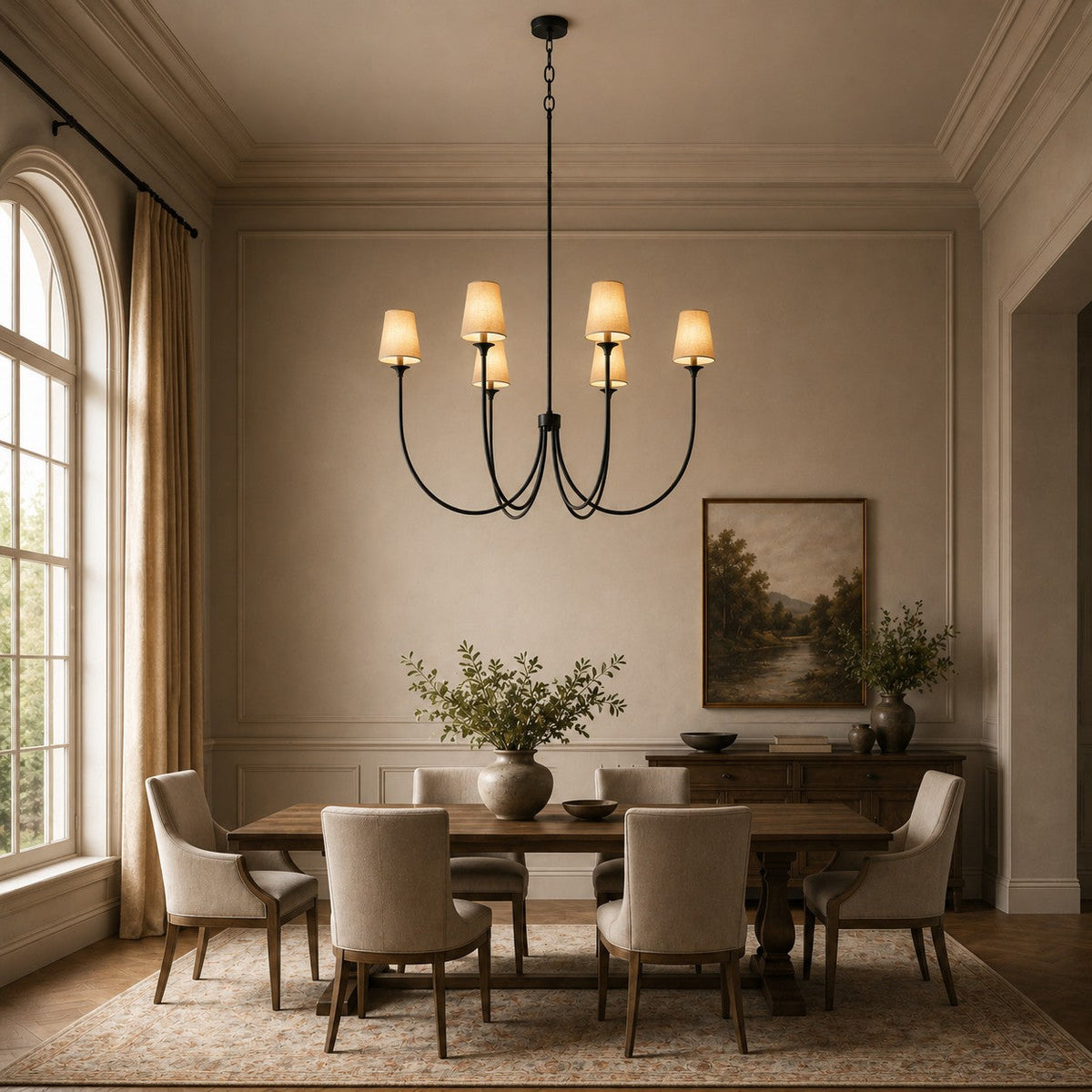 Large Round Chandelier with Off-White Shades