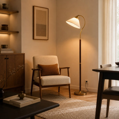 Pleated Shade Floor Lamp Wooden Base Adjustable LED