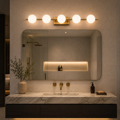 Copper Milk Glass LED Vanity Bar 2–5 Head Three-Colour Bathroom Light