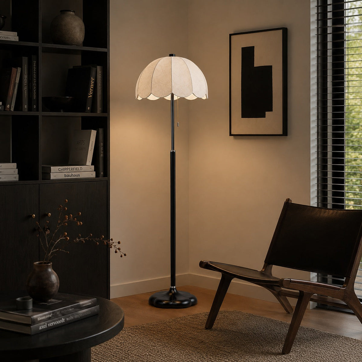 Wooden Base Floor Lamp Fabric Shade E14 Retro Light