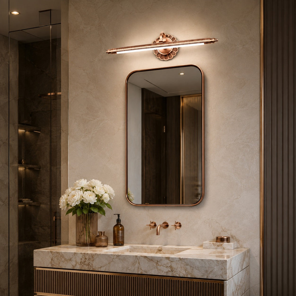 Retro Bronze Cylinder LED Vanity Light 70cm & 90cm Floral Wallplate