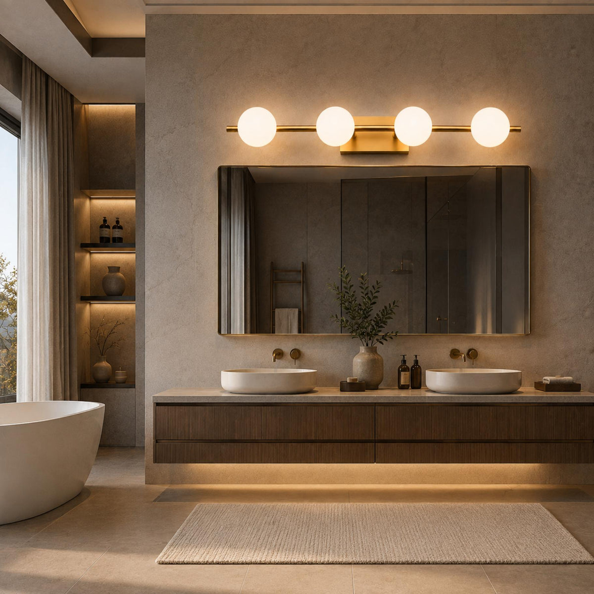 Copper Milk Glass LED Vanity Bar 2–5 Head Three-Colour Bathroom Light