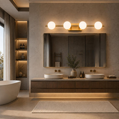 Copper Milk Glass LED Vanity Bar 2–5 Head Three-Colour Bathroom Light