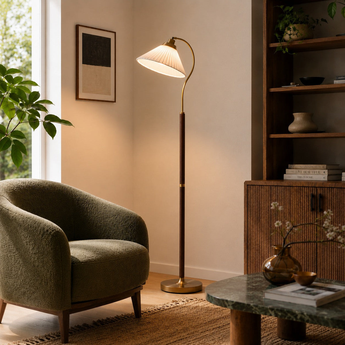 Pleated Shade Floor Lamp Wooden Base Adjustable LED