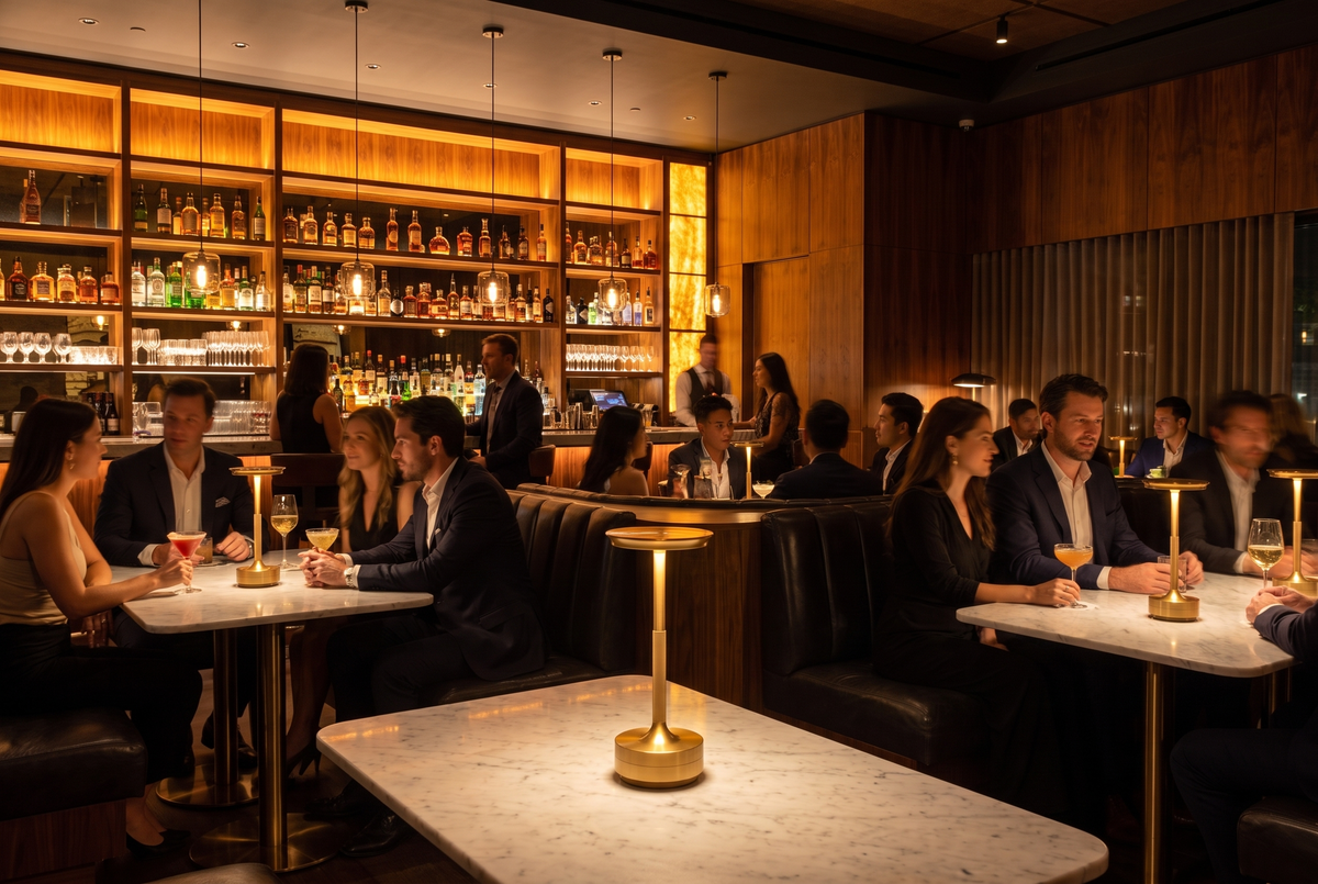 Wrkspace Co cordless table lamps on every table in a modern cocktail bar